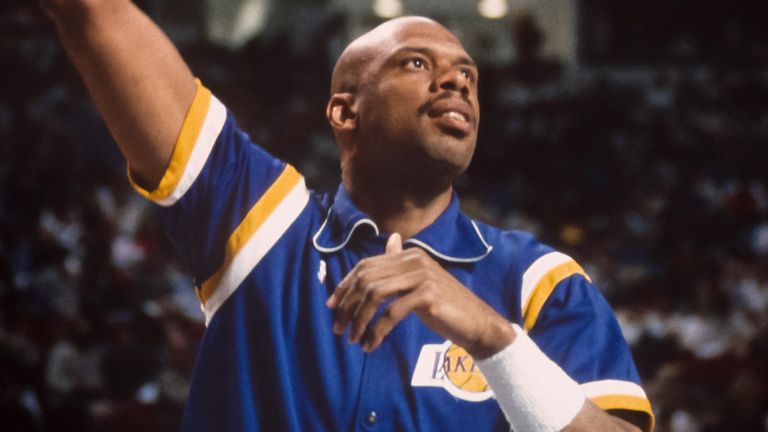 Kareem Abdul-Jabbar warms up with a Sky Hook before a 1989 playoff game