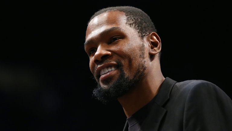 Kevin Durant pictured courtside during a Brooklyn Nets game
