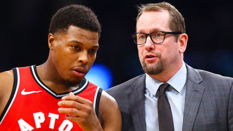 Kyle Lowry and Nick Nurse share strategy during a Raptors game