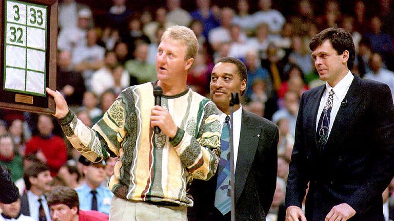 Larry Bird, Dennis Johnson and Kevin McHale pictured at McHale's jersey retirement ceremony in January 1994