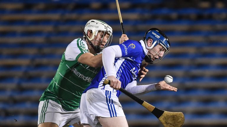 Lee Chin of Leinster tackles Shane Bennett of Munster during the 2016 GAA Interprovincial Hurling Championship final