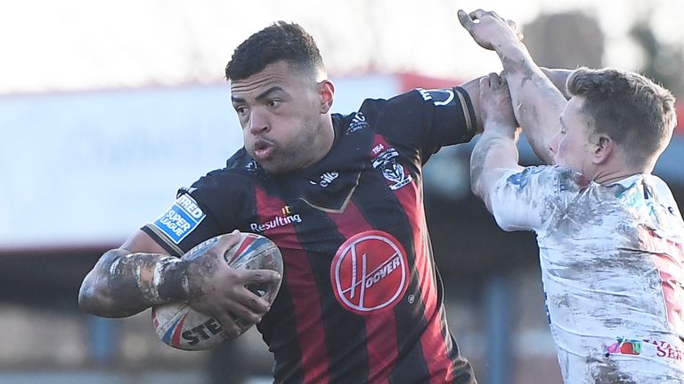 WAKEFIELD, ENGLAND - FEBRUARY 16: Luther Burrell of Warrington Wolves is tackled by Jacob Miller of Wakefield Trinity during the Betfred Super League match between Wakefield Trinity and Warrington Wolves at Belle Vue Stadium on February 16, 2020 in Wakefield, England. (Photo by George Wood/Getty Images)