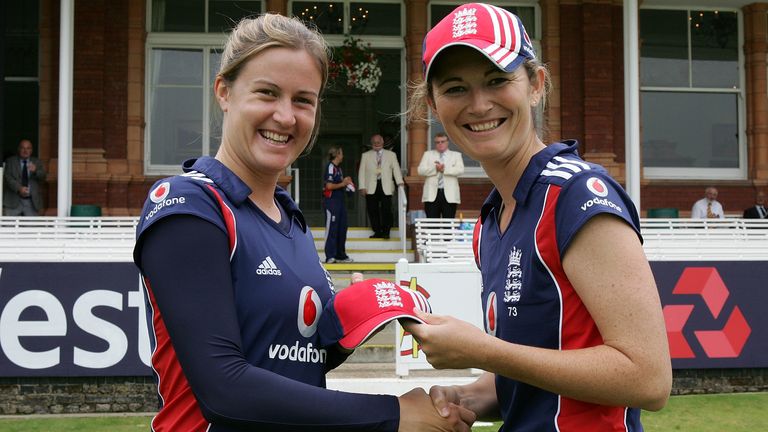 LONDON - AUGUST 08: Captain Charlotte Edwards of England (R) presents Lydia Greenway with her 50th ODI cap during the Natwest Women's Series match bewteen England and South Africa at Lord's on August 8, 2008 in London, England. (Photo by Christopher Lee/Getty Images)