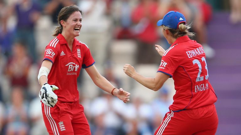 SOUTHAMPTON, ENGLAND - AUGUST 29: Lydia Greenway of England celebrates with Charlotte Edwards after making the winning runs for England to ensure England retain the Ashes during the 2nd England NatWest T20 match between England Women and Australia Women at Ageas Bowl on August 29, 2013 in Southampton, England. (Photo by Paul Gilham/Getty Images)