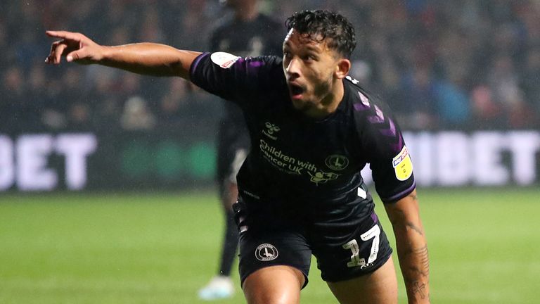 Charlton Athletic's Macauley Bonne celebrates scoring his side's first goal of the game during the Sky Bet Championship match at Ashton Gate, Bristol. PA Photo. Picture date: Wednesday October 23, 2019. See PA story SOCCER Bristol. Photo credit should read: Nick Potts/PA Wire. RESTRICTIONS: EDITORIAL USE ONLY No use with unauthorised audio, video, data, fixture lists, club/league logos or "live" services. Online in-match use limited to 120 images, no video emulation. No use in betting, games or single club/league/player publications