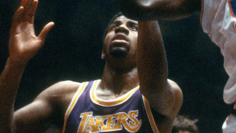 Magic Johnson in action against the Philadelphia 76ers in the 1980 NBA Finals