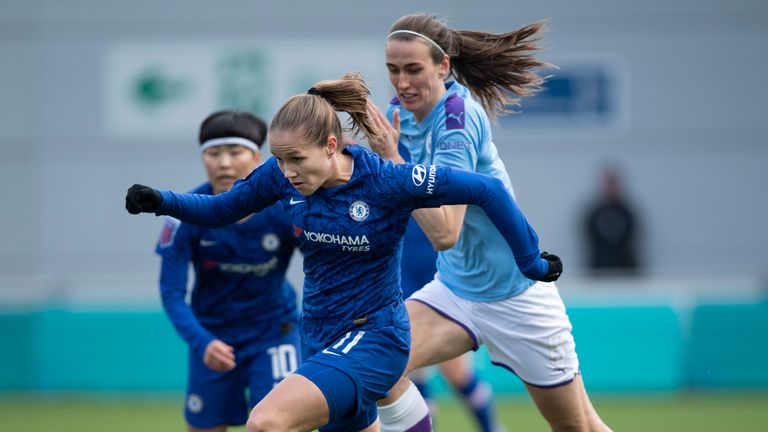 MANCHESTER, ENGLAND - FEBRUARY 23: Guro Reiten of Chelsea and Jill Scott of Manchester City in action during the Barclays FA Women's Super League match between Manchester City and Chelsea at The Academy Stadium on February 23, 2020 in Manchester, United Kingdom. (Photo by Visionhaus) *** Local Caption *** Guro Reiten; Jill Scott