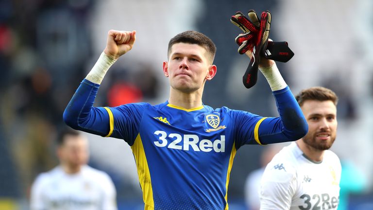 HULL, ENGLAND - FEBRUARY 29: Illan Meslier of Leeds United celebrates victory during the Sky Bet Championship match between Hull City and Leeds United at KCOM Stadium on February 29, 2020 in Hull, England. (Photo by Ashley Allen/Getty Images)