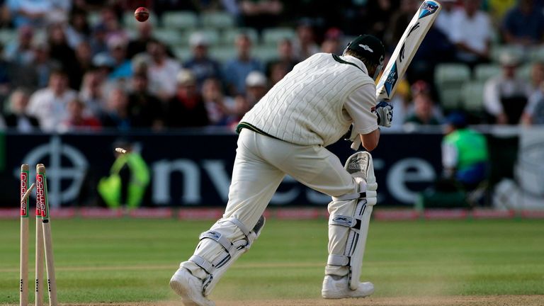 BIRMINGHAM, UNITED KINGDOM - AUGUST 06: Michael Clarke of Australia is bowled by Steve Harmison of England during day three of the Second npower Ashes Test match between England and Australia at Edgbaston on August 6, 2005 in Birmingham, England.  (Photo by Tom Shaw/Getty Images) *** Local Caption *** Michael Clarke