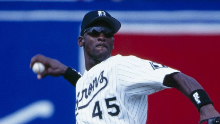 Michael Jordan makes a throw from  the outfield for the Birmingham Barons