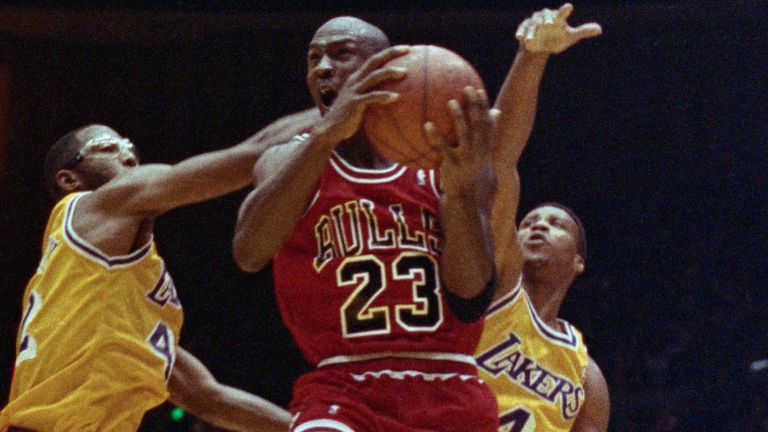 Michael Jordan attacks the basket against the Lakers in the 1991 NBA Finals