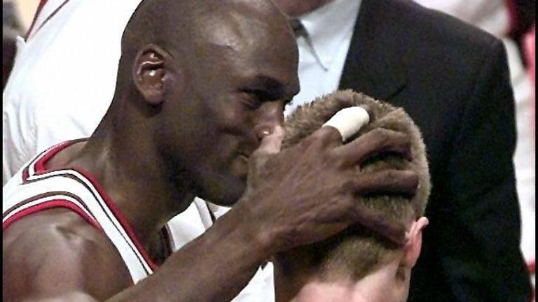 Michael Jordan congratulates teammate Steve Kerr after Kerr&#39;s last-second basket against the Utah Jazz in game six of the 1997 NBA Finals