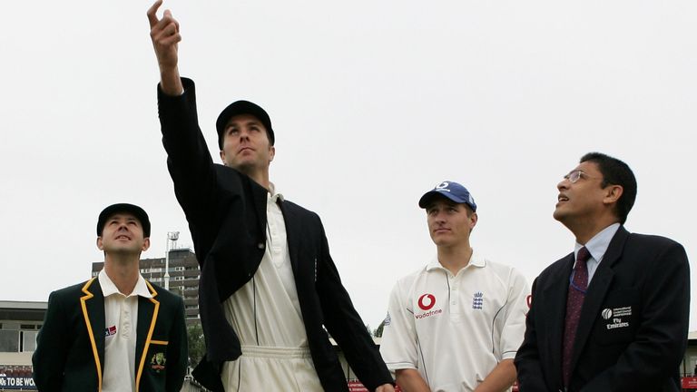 BIRMINGHAM, UNITED KINGDOM - AUGUST 04: England captain Michael Vaughan tosses the coin as Ricky Ponting of Australia and commentator Mark Nicholas (L) look on during day one of the Second npower Ashes Test match between England and Australia at Edgbaston on August 4, 2005 in Birmingham.  (Photo by Tom Shaw/Getty Images) *** Local Caption *** Michael Vaughan;Ricky Ponting;Mark Nicholas