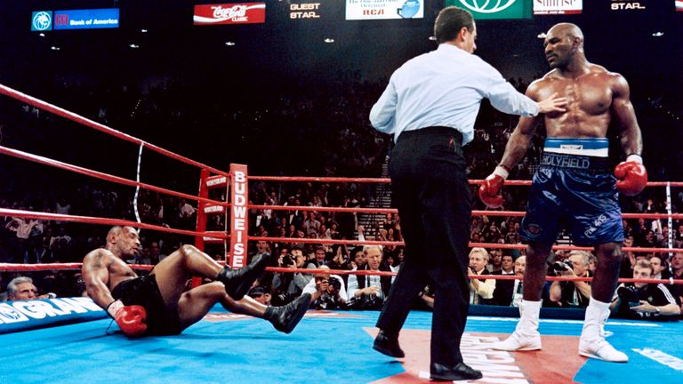 Holyfield caused an 11th-round shock when he first met Tyson