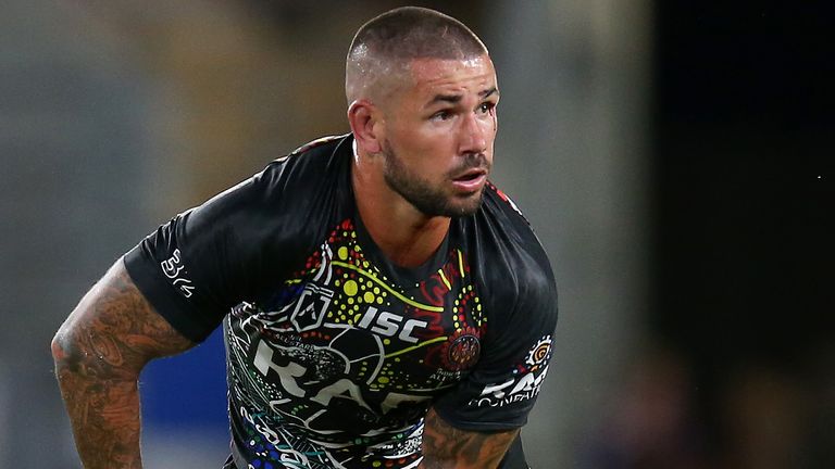 Nathan Peats of the Indigenous All-Stars looks to pass during the NRL match between the Indigenous All-Stars and the New Zealand Maori Kiwis All-Stars at Cbus Super Stadium on February 22, 2020 on the Gold Coast, Australia.