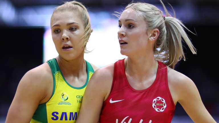  during the Vitality Netball International Series match between England Vitality Roses and Australian Diamonds, as part of the Netball Quad Series at Copper Box Arena on January 20, 2019 in London, England.