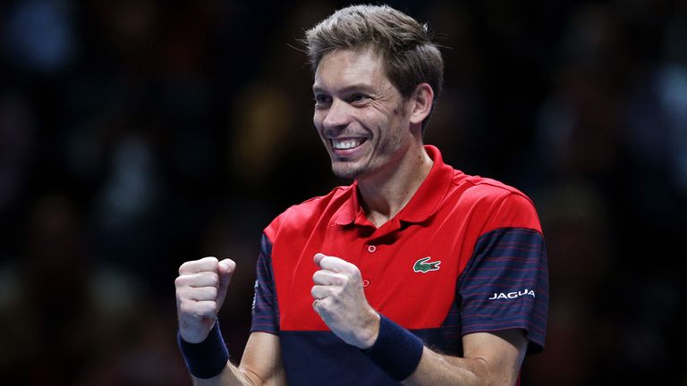 Nicolas Mahut, playing partner of Pierre-Hugues Herbert of France celebrates victory after his doubles match against Kevin Krawietz of Germany and Andreas Mies of Germany during Day Four of the Nitto ATP Finals at The O2 Arena on November 13, 2019 in London, England.