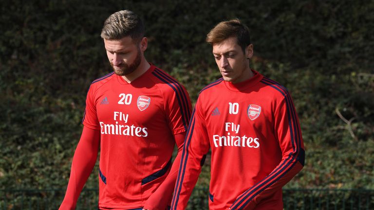 ST ALBANS, ENGLAND - SEPTEMBER 23: Mesut Ozil and Shkodran Mustafi of Arsenal before the Arsenal Training Session at London Colney on September 23, 2019 in St Albans, England. (Photo by David Price/Arsenal FC via Getty Images)