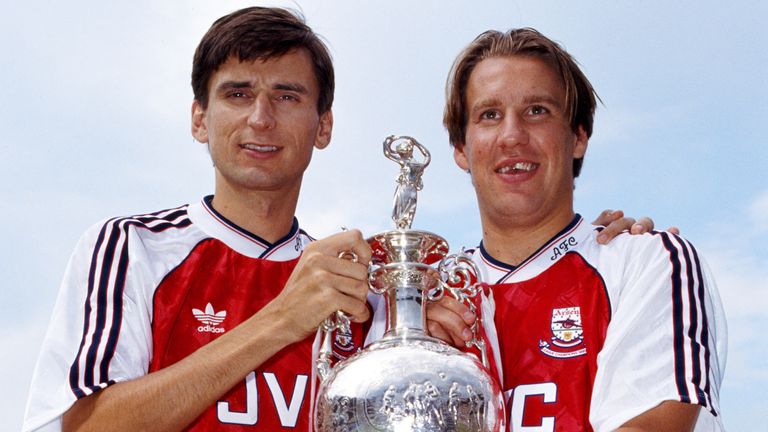 Paul Merson and Smith celebrate with the Division One trophy in 1991