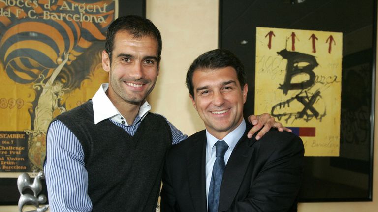 Guardiola shakes hands with Laporta after being promoted from youth team coach to manage the first-team in 2008
