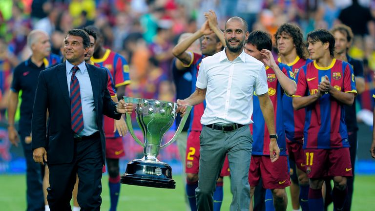 Laporta and Guardiola celebrate the first of three successive La Liga titles in 2009