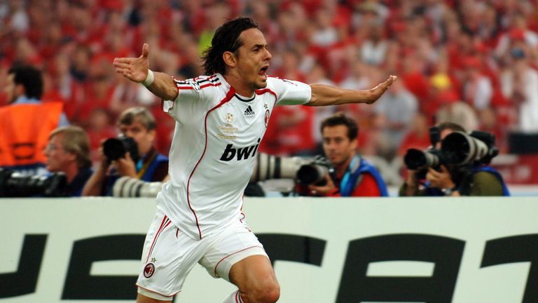 Pippo Inzaghi celebrates his second goal for AC Milan against Liverpool in the 2007 Champions League final