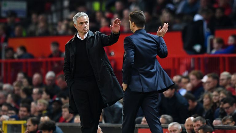 Jose Mourinho, Manager of Manchester United and Mauricio Pochettino, Manager of Tottenham Hotspur give each other a high five after the Premier League match between Manchester United and Tottenham Hotspur at Old Trafford on August 27, 2018