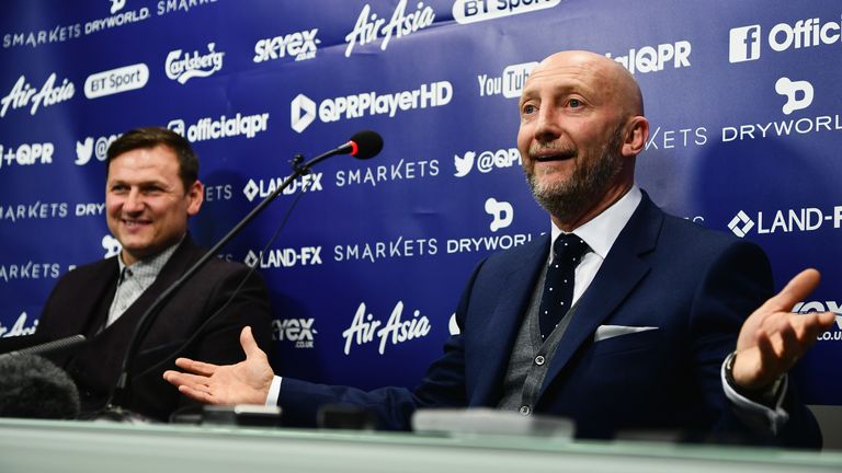 LONDON, ENGLAND - NOVEMBER 16: Newly appointed Queens Park Rangers manager Ian Holloway (R) talks with first team coach Marc Bircham during a press conference at Loftus Road on November 16, 2016 in London, England. (Photo by Dan Mullan/Getty Images)