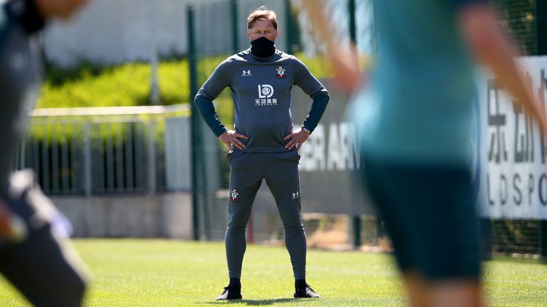 Manager Ralph Hasenhuttl looks on as Southampton's players train following lockdown