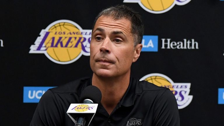 Los Angeles Lakers general manager Rob Pelinka addresses the media at a press conference