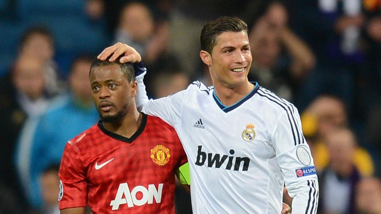 Ronaldo greets Evra during their Champions League last-16 tie in 2013 in which the forward scored in both legs
