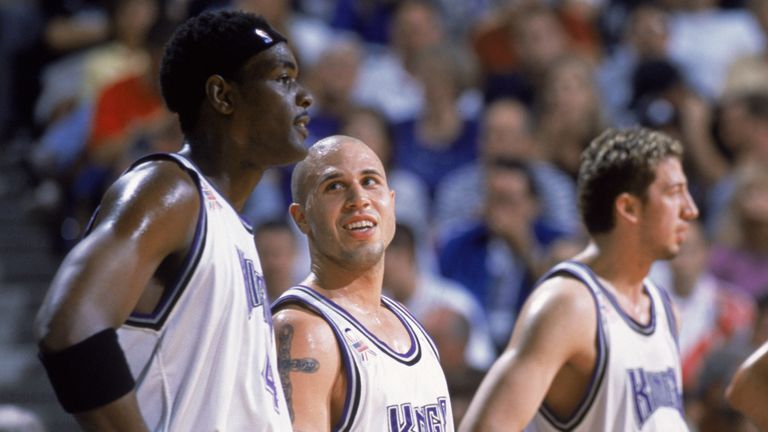 Chris Webber (L) pictured with Kings team-mates Mike Bibby, Hedo Turkoglu and Vlade Divac