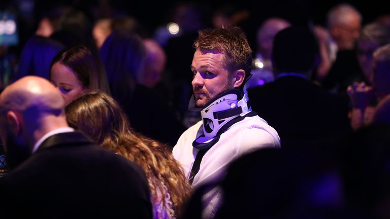 Sam Cane in a neck brace after breaking his neck in 2018
