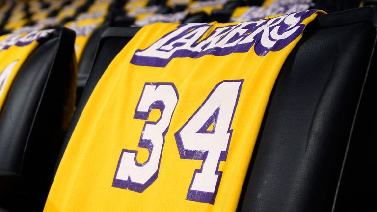 Shaquille O'Neal's No 34 Lakers jersey adorns a seat at the Staples Center