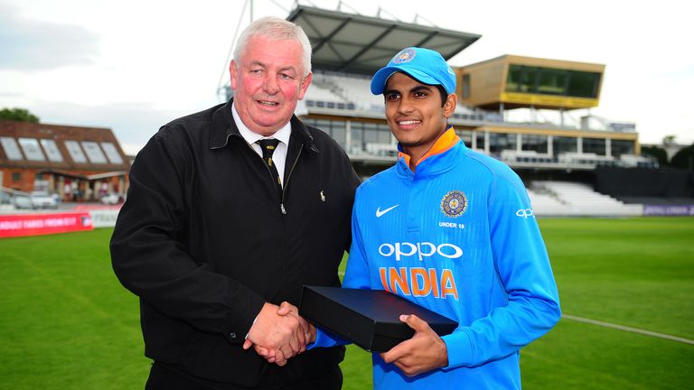 Shubman Gill of India U19s (R) is presented with the India player of the tournament award by David Graveney during the 5th Youth ODI match between England U19s and India Under 19s at The Cooper Associates County Ground on August 16, 2017 in Taunton, England. (Photo by Harry Trump/Getty Images)