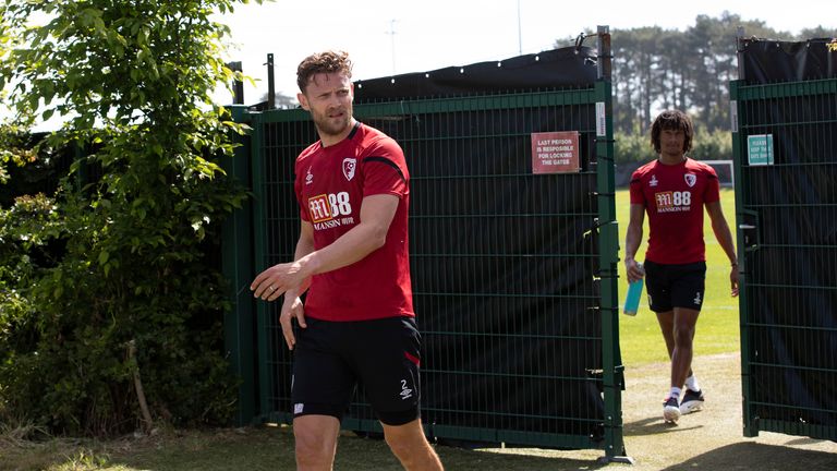 Simon Francis and Nathan Ake maintain a safe distance as they leave the training pitch at Bournemouth - USED ON JUNE 10TH
