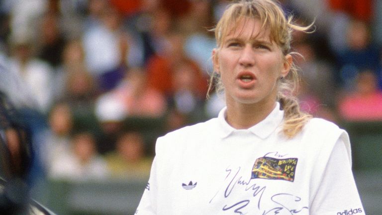 Steffi Graf of Germany reacts to a call during a women's singles match at the Wimbledon Lawn Tennis Championships circa 1990 at the All England Lawn Tennis and Croquet Club in London, England