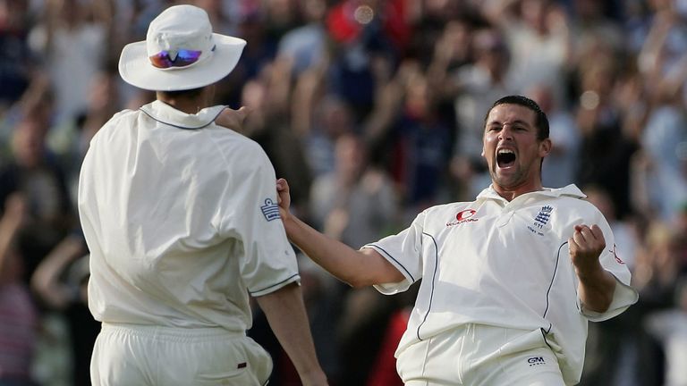 BIRMINGHAM, UNITED KINGDOM - AUGUST 6: Steve Harmison of England celebrates the wicket of Michael Clarke of Australia during day three of the Second npower Ashes Test match between England and Australia at Edgbaston on August 6, 2005 in Birmingham, England.  (Photo by Tom Shaw/Getty Images) *** Local Caption *** Steve Harmison