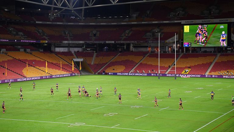 Brisbane Broncos and the Parramatta Eels clash at an empty Suncorp Stadium