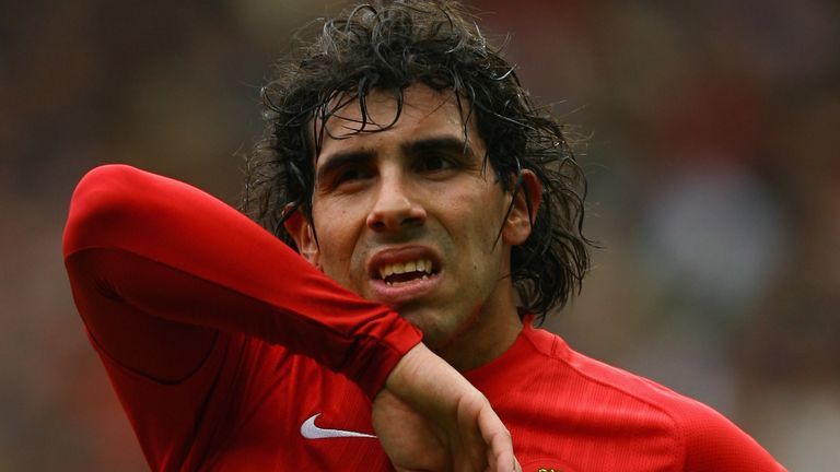 Carlos Tevez of Manchester United looks on during the Barclays Premier League match between Manchester United and Manchester City at Old Trafford on May 10, 2009 