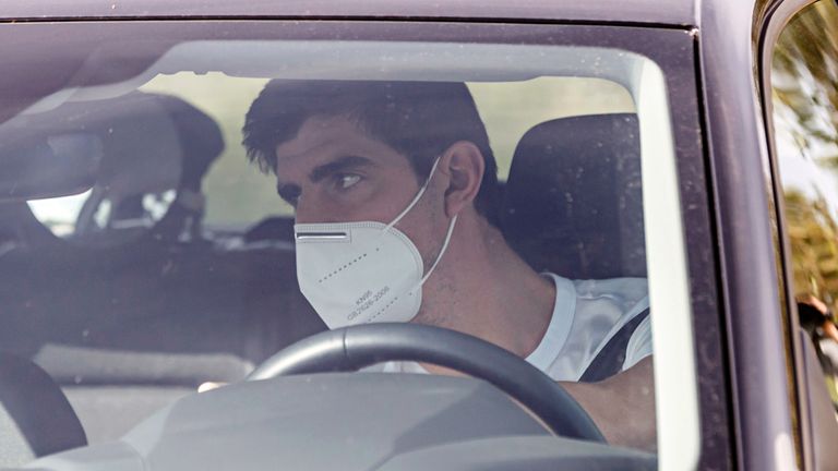 Real Madrid's Belgian goalkeeper Thibaut Courtois arrives to undergo coronavirus tests at the Ciudad del Real Madrid training facilities in Valdebebas, Madrid, on May 6, 2020