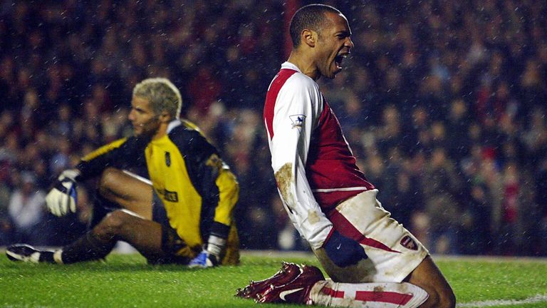 Henry celebrates his thumping goal against Manchester City in 2004