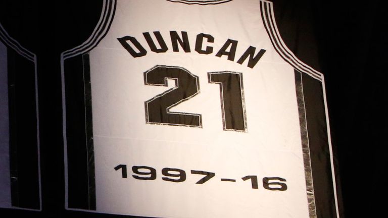 Tim Duncan's No 21  jersey in retired by the Spurs