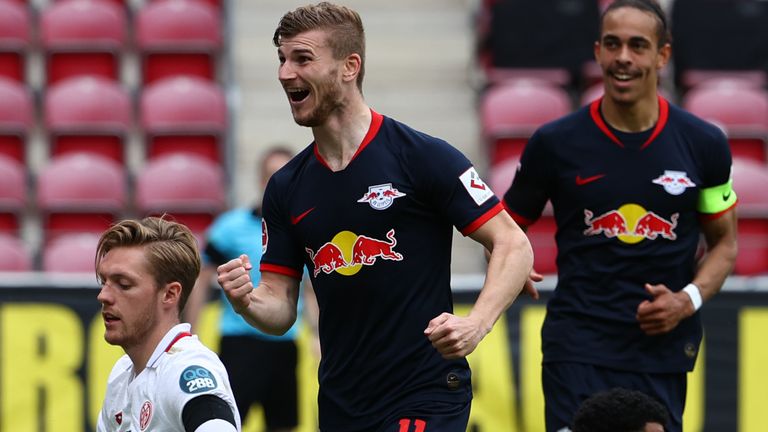Timo Werner celebrates his second goal against Mainz