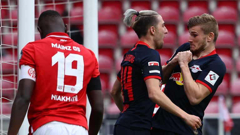 Timo Werner attempts a no-contact celebration during RB Leipzig's 5-0 rout of Mainz