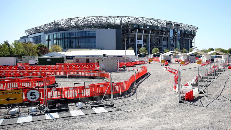 The North car park of Twickenham Stadium, home to England Rugby has been transformed into a drive-thru COVID-19 testing centre