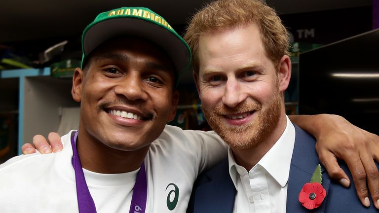 Warrick Gelant of South Africa and Prince Harry after the Rugby World Cup 2019 Final match between England and South Africa