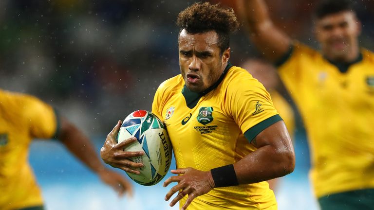 FUKUROI, JAPAN - OCTOBER 11: Will Genia of Australia runs in the last try during the Rugby World Cup 2019 Group D game between Australia and Georgia at Shizuoka Stadium Ecopa on October 11, 2019 in Fukuroi, Shizuoka, Japan. (Photo by Stu Forster/Getty Images)