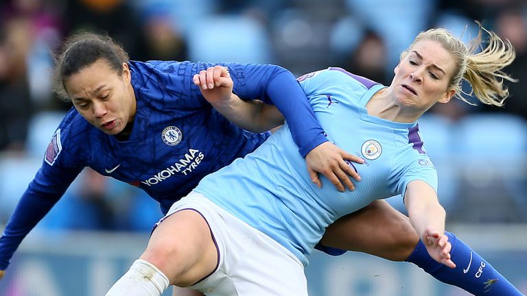 Chelsea's Drew Spence and Man City defender Gemma Bonner battle for the ball