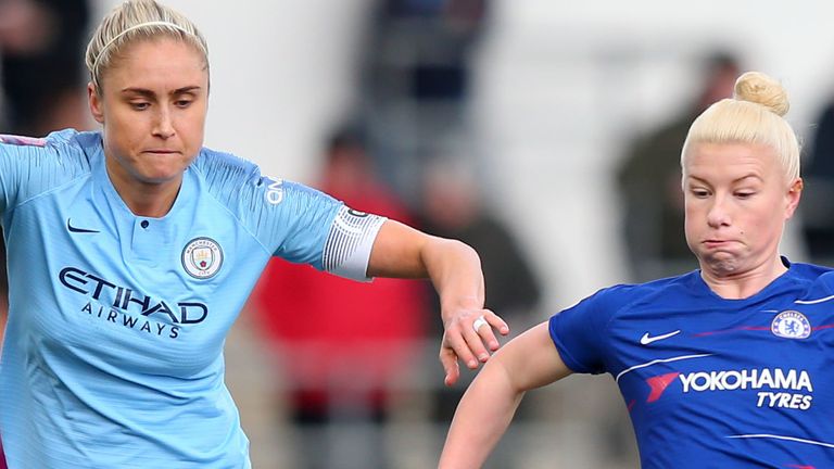 Manchester City captain Steph Houghton and Chelsea&#39;s fellow England international Beth England compete for the ball